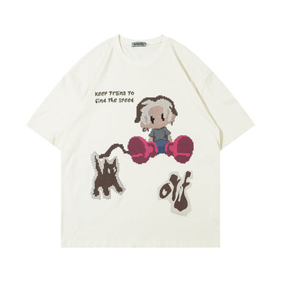Fun Cartoon Anime Print Short Sleeve T-Shirt Men's High Street Trendy Half Sleeve Pure Cotton Round Neck Loose Tee - Korvel