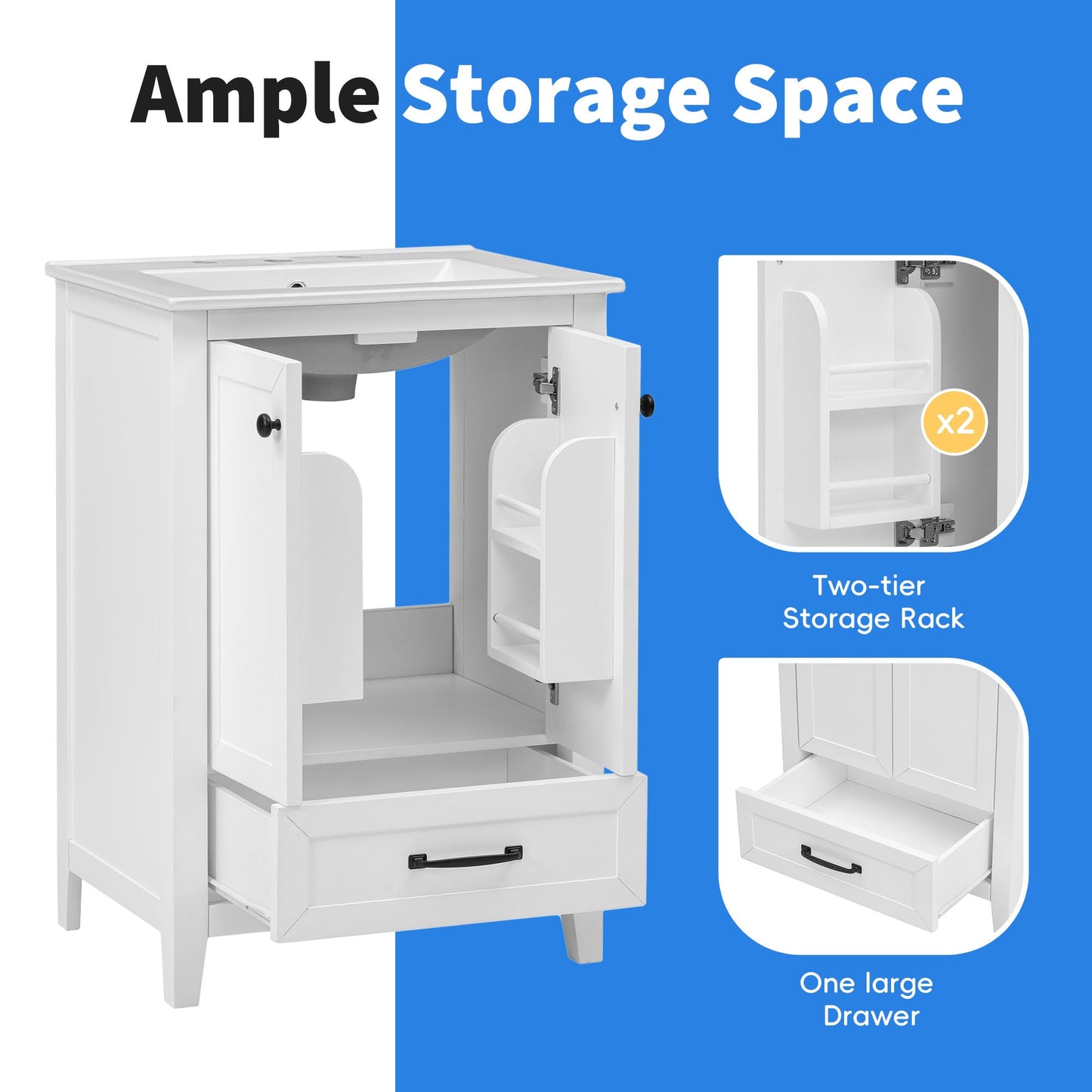 24" Bathroom Vanity with Sink, Bathroom Vanity Cabinet with One Drawer and Doors, Solid Wood and MDF, White - Korvel