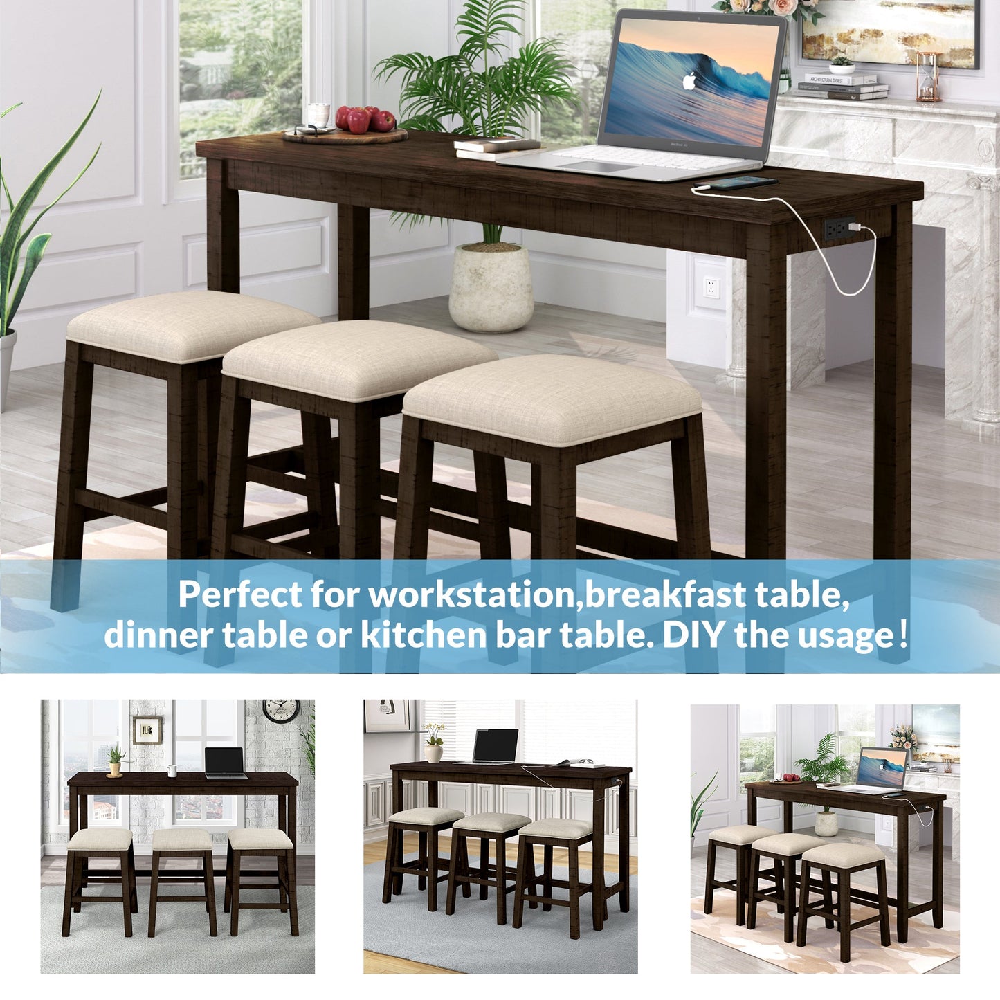 TOPMAX 4 Pieces Counter Height Table with Fabric Padded Stools, Rustic Bar Dining Set with Socket, Brown - Korvel