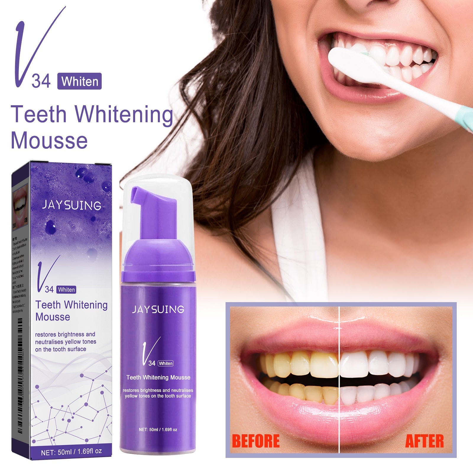 v34 Brightening Tooth Toothpaste, Whiten Teeth Correct Yellow Teeth Clean Stains Mouth Cleaning Toothpaste - Korvel