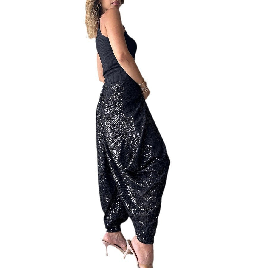 Loose sequin trousers INS elastic waist casual bloomers - Korvel