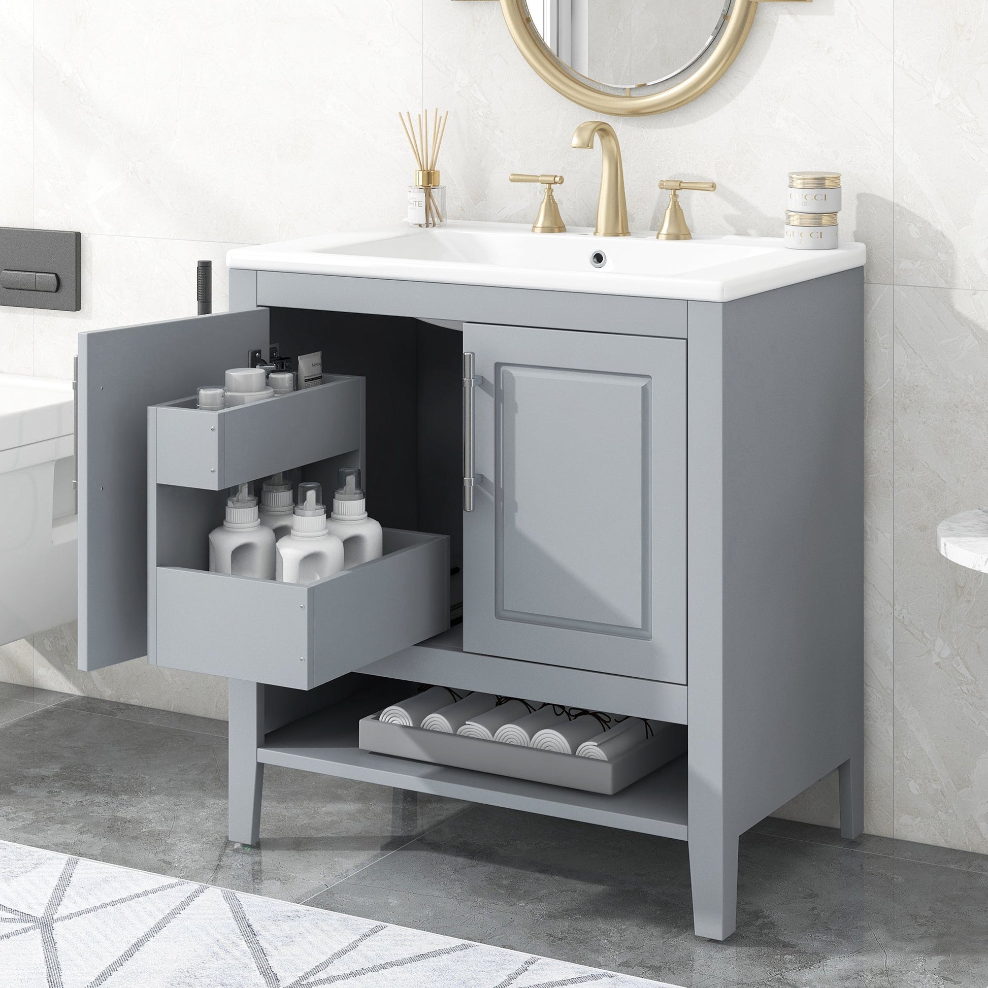 30" Bathroom Vanity with Sink, Multi-functional Bathroom Cabinet with Doors and Drawers, Solid Frame and MDF Board, Grey - Korvel