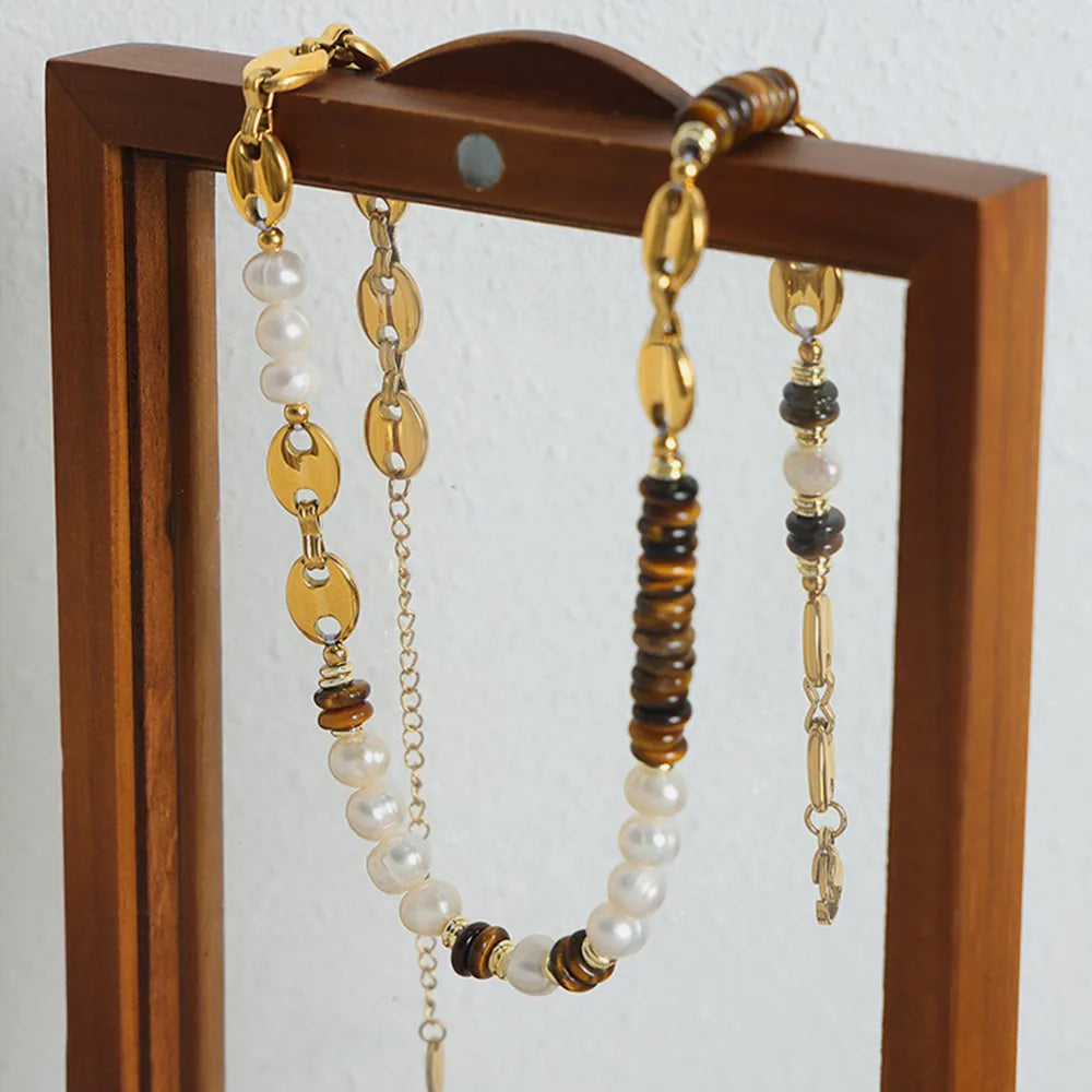 Versatile Light Luxury Titanium Steel Freshwater Pearl Tiger Eye Stone Pig Nose Chain Necklace Jewelry for Women - Korvel