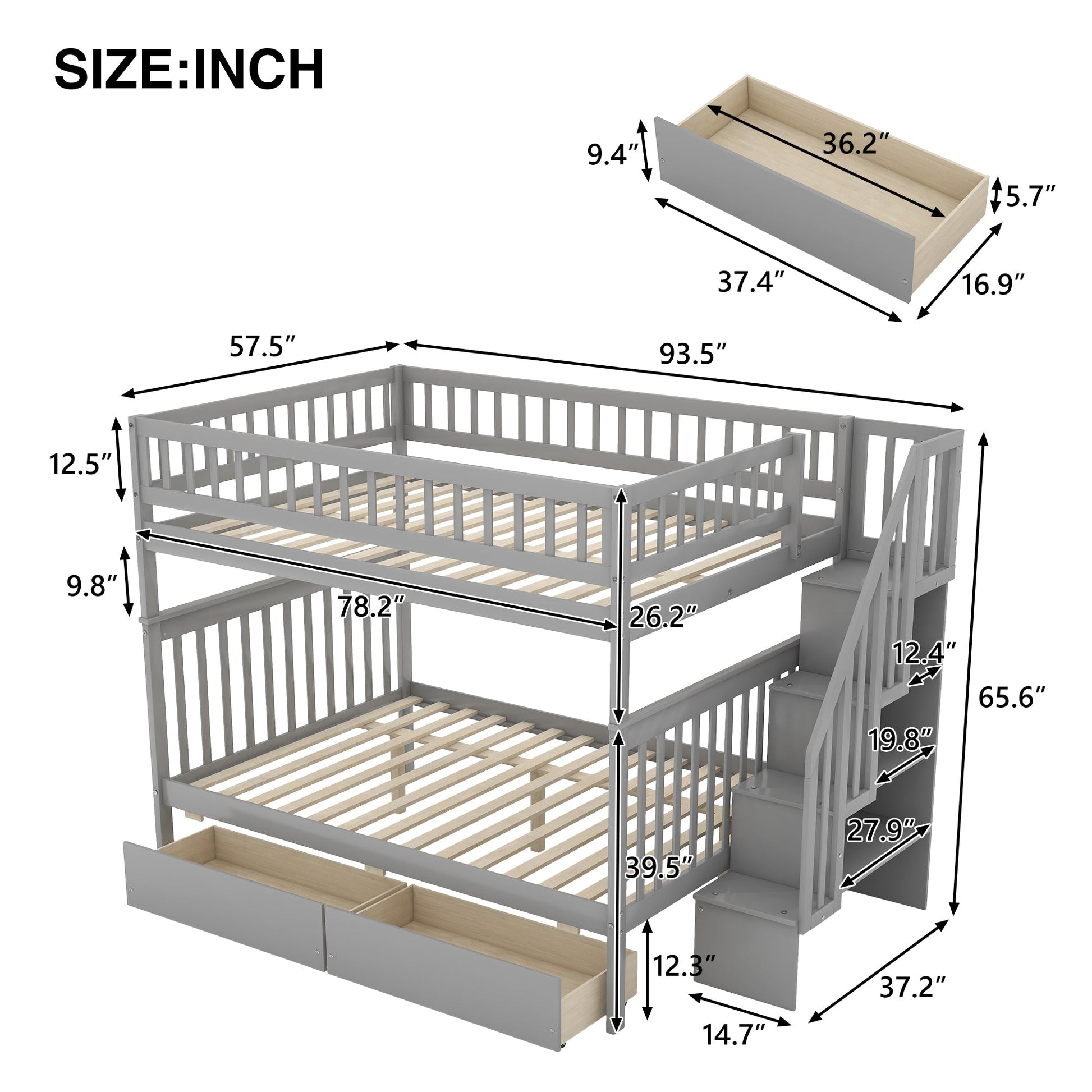 Full over Full Bunk Bed with Two Drawers and Storage, Gray - Korvel