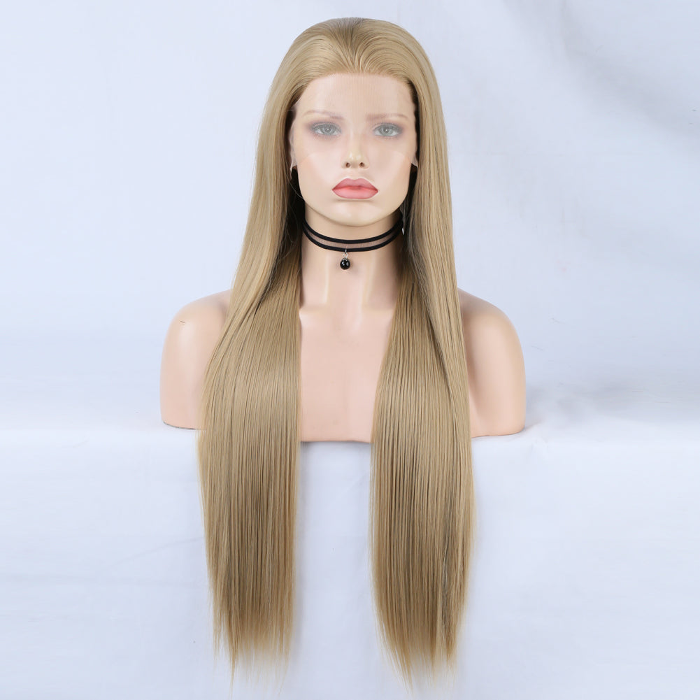 Linen Lace Front Wig Ombre Synthetic Hair Wig Middle Part Highlight Wig Long Straight Hair - Korvel