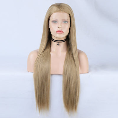 Linen Lace Front Wig Ombre Synthetic Hair Wig Middle Part Highlight Wig Long Straight Hair - Korvel