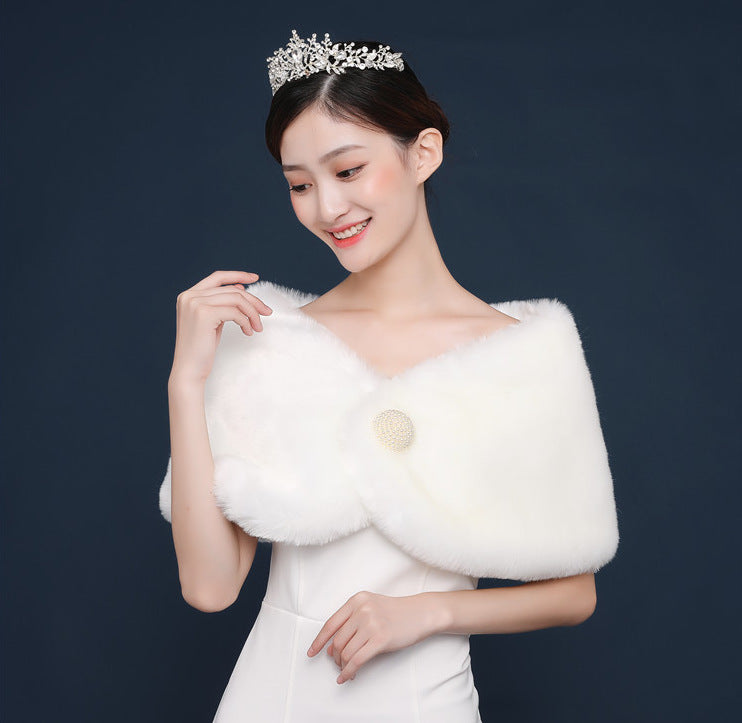 Bride's wedding dress fur shawl women's warm white cloak cheongsam jacket red cloak - Korvel