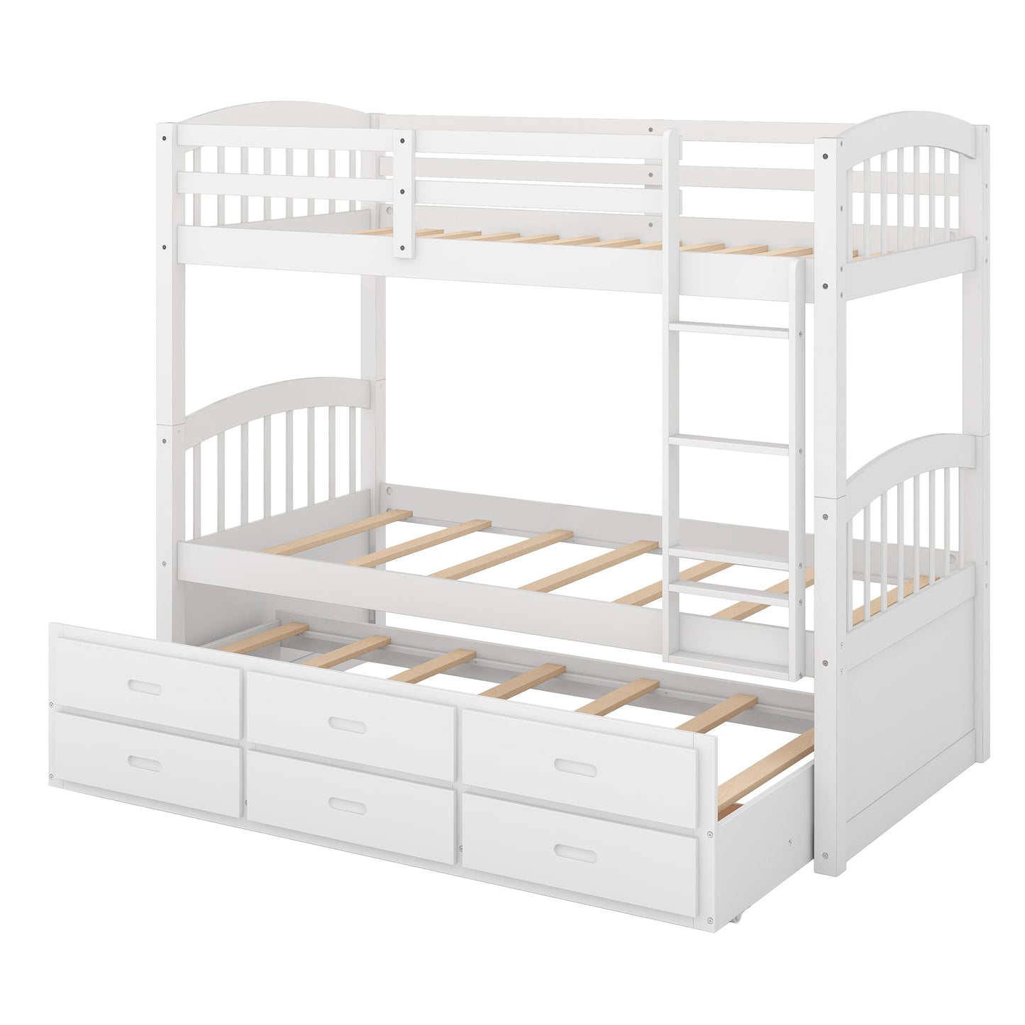 Twin over Twin Wood Bunk Bed with Trundle and Drawers White - Korvel