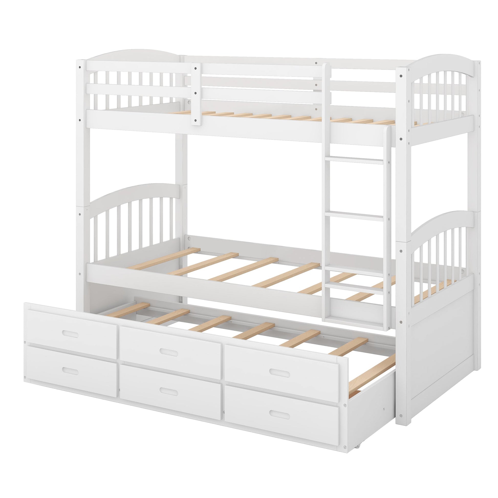 Twin over Twin Wood Bunk Bed with Trundle and Drawers White - Korvel