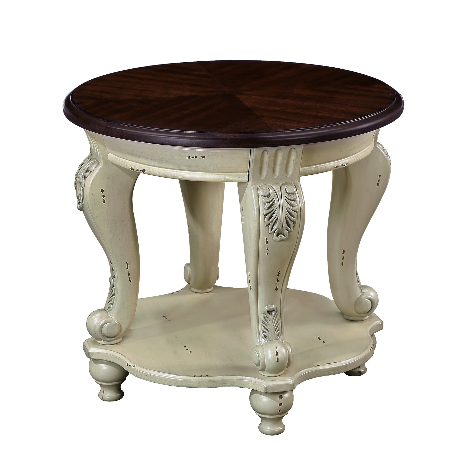 22 inch dual tone round head table, solid wood sofa side table with shelf, white and cherry tabletop - Korvel