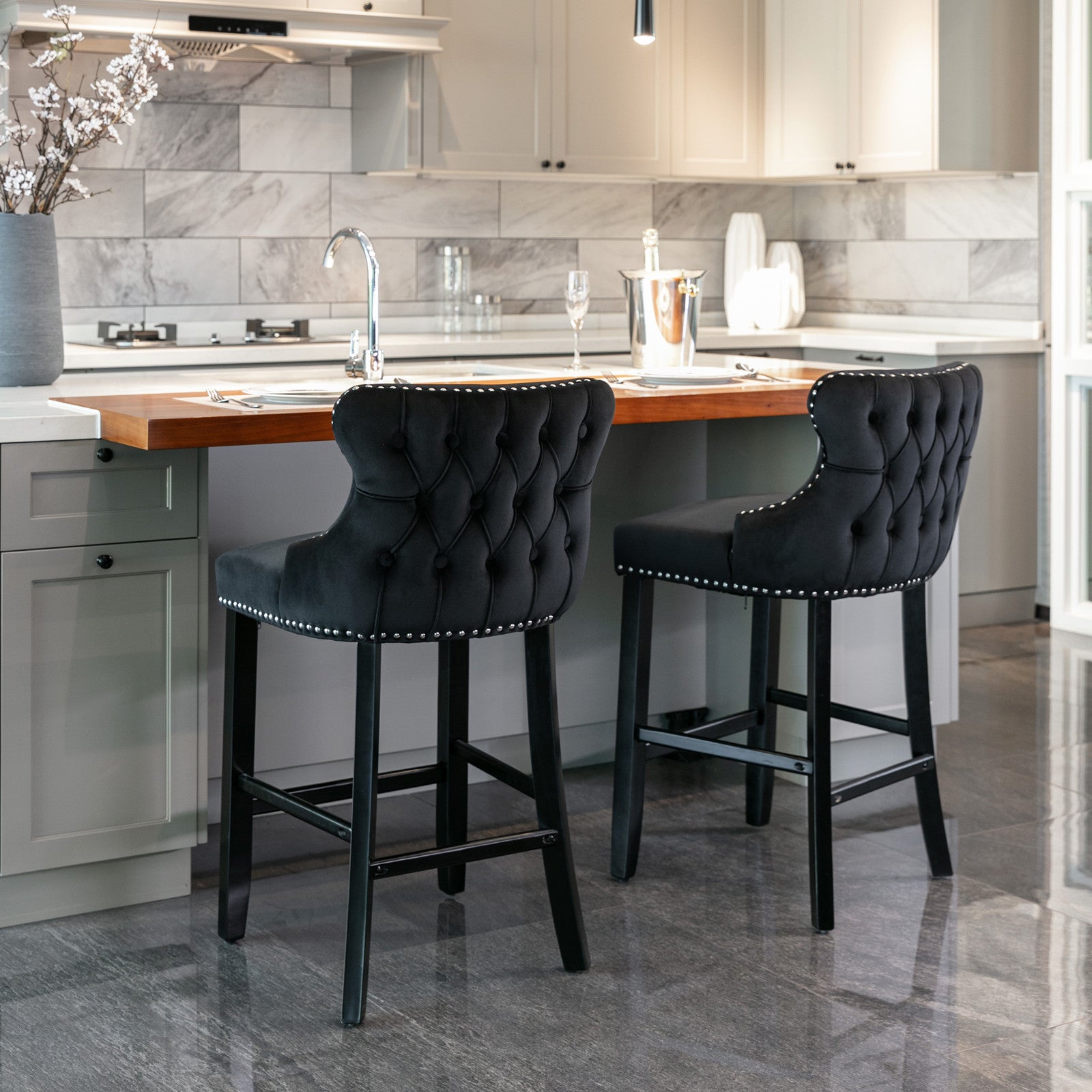 Velvet padded wing back bar stool with button cluster decoration and wooden leg chrome nail head decoration 2-piece set (black) - Korvel
