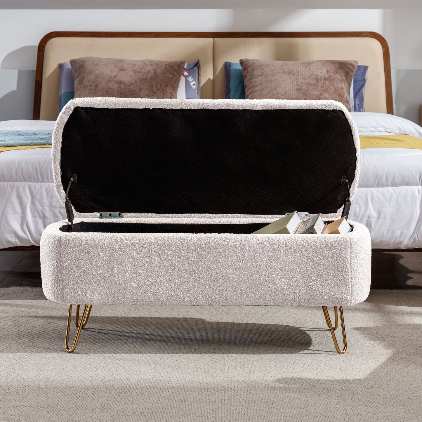 Ivory White Storage Ottoman Bench with Gold Legs