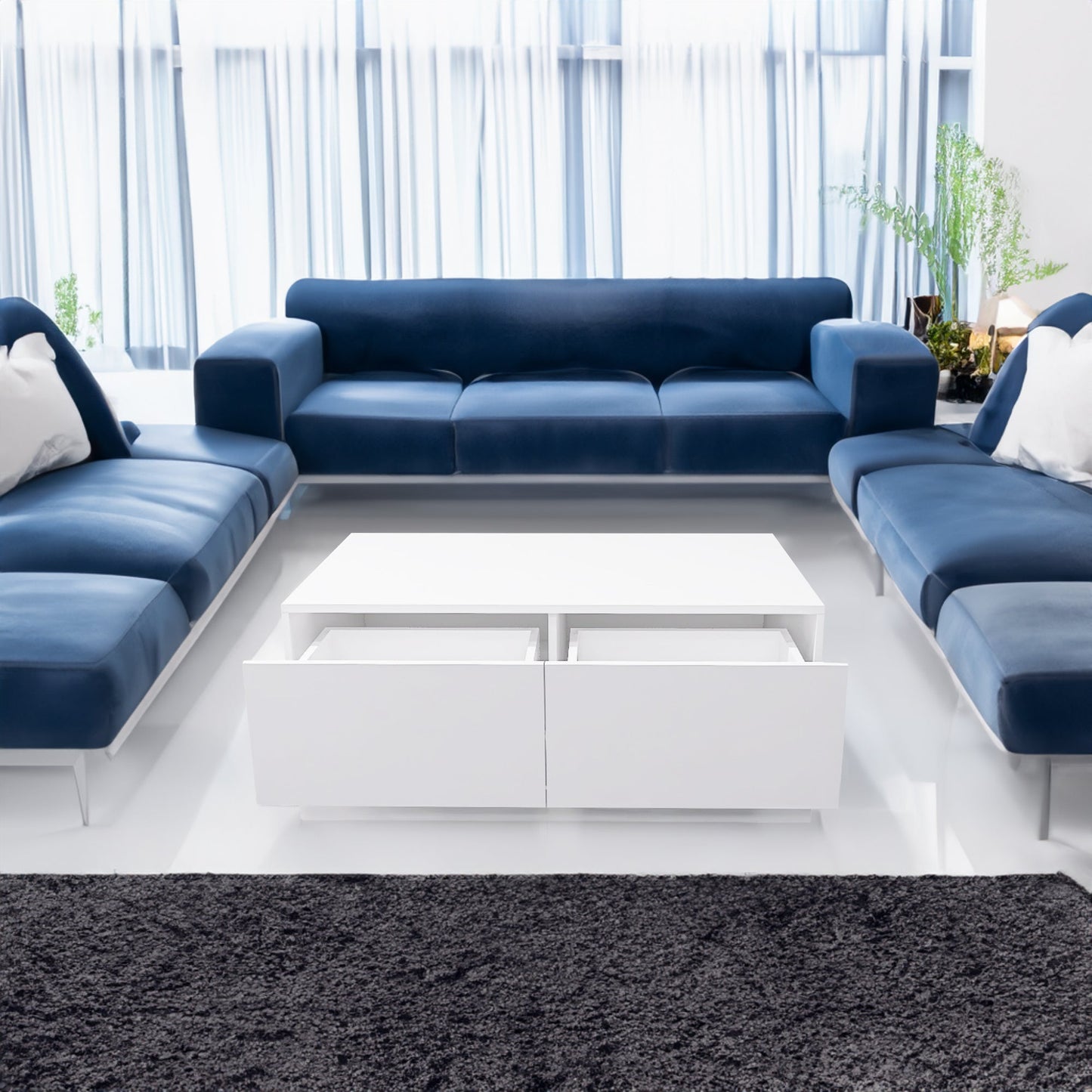 High Glossy Coffee Table with 2 Drawers have RGB Led Light with Buletooth Control - Korvel