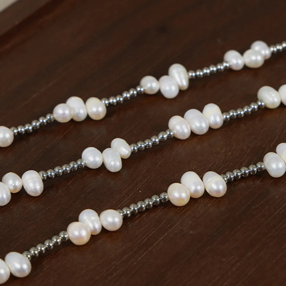 Freshwater Pearl Titanium Steel Bead Necklace - Korvel