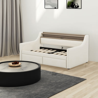 Twin Size Daybed with Storage Drawers, Upholstered Daybed with Charging Station and LED Lights, Beige - Korvel