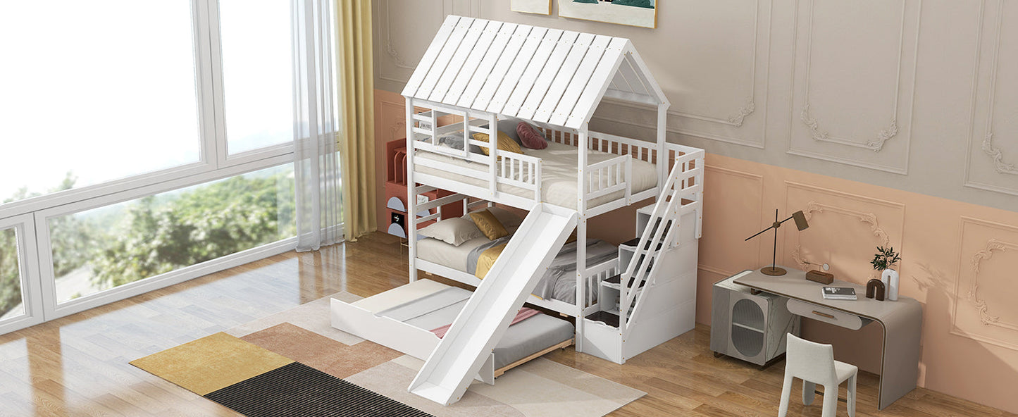 Twin over Twin House Bunk Bed with Trundle and Slide Storage Staircase Roof and Window Design  White - Korvel