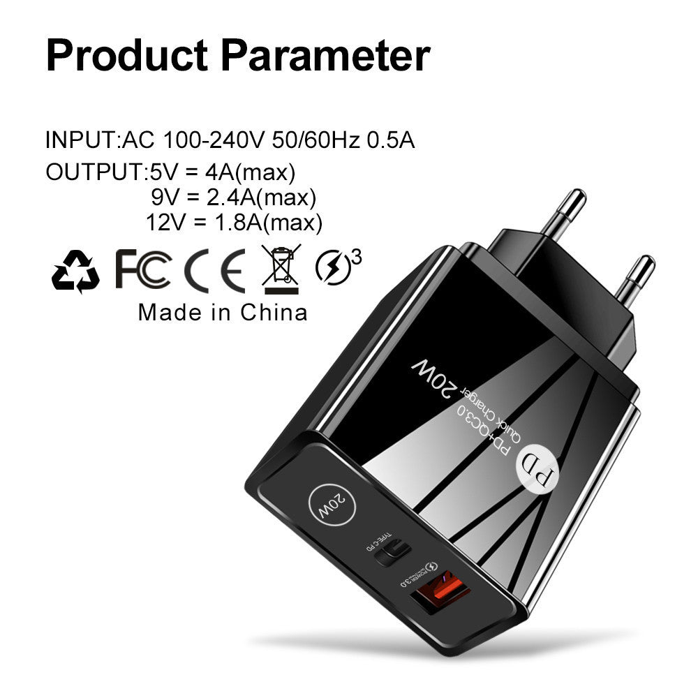 Chargeur de téléphone mobile rapide 20W PD QC3.0