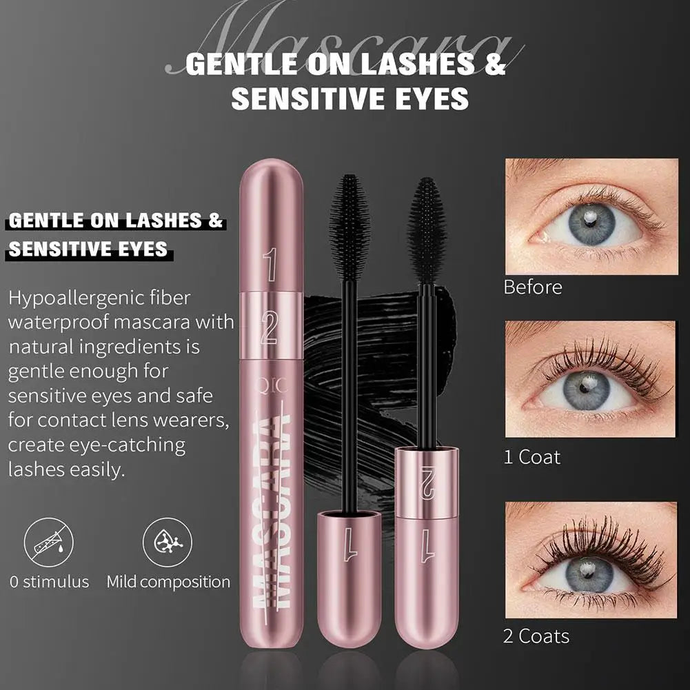 Double Head Black Mascara Waterproof Lengthens Extension Eyelashes Non-smudge Lengthening Volume 5D Silk Fiber Mascara Cosmetics - Korvel