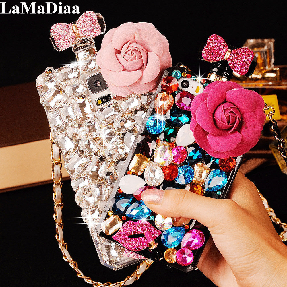 For iPhone 13 Pro Phone Cases Rhinestone 6 7 8 Plus Perfume Bottle Protective Cover Flower Lips Lanyard - Korvel