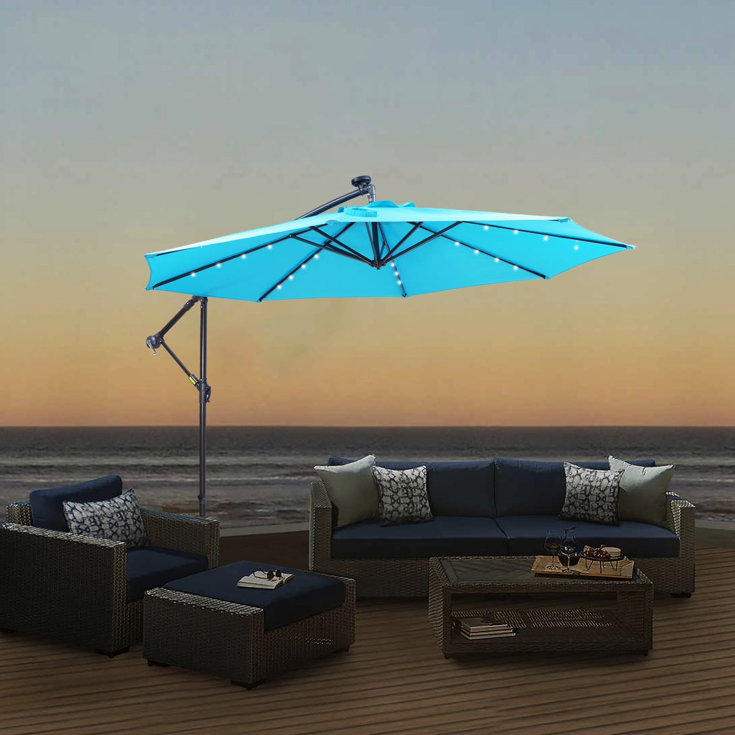 10 FT Solar LED Patio Outdoor Umbrella Hanging Cantilever Umbrella Offset Umbrella Easy Open Adustment with 32 LED Lights - Korvel