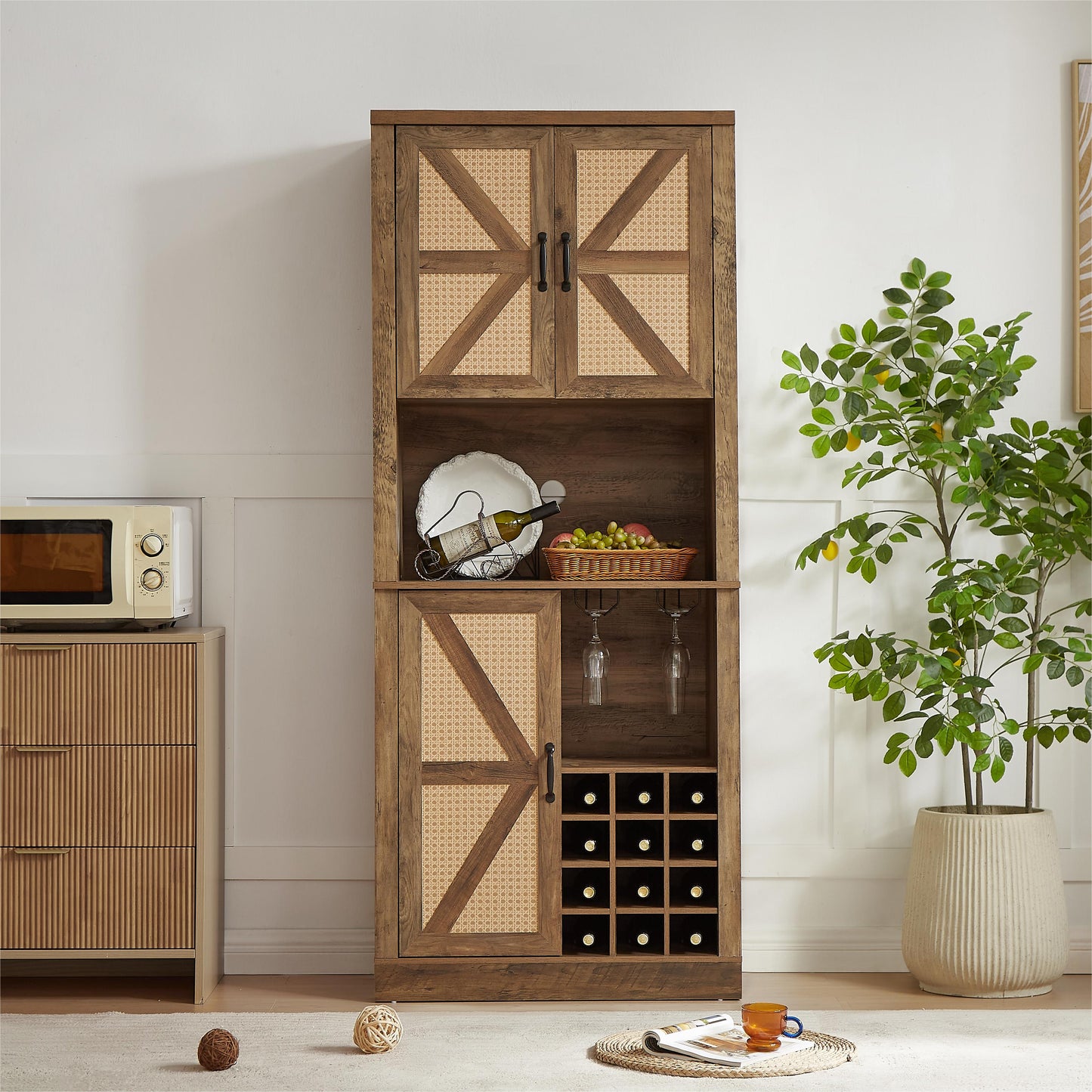 76-Inch Rustic Oak Farmhouse Wine Cabinet with Faux Rattan
