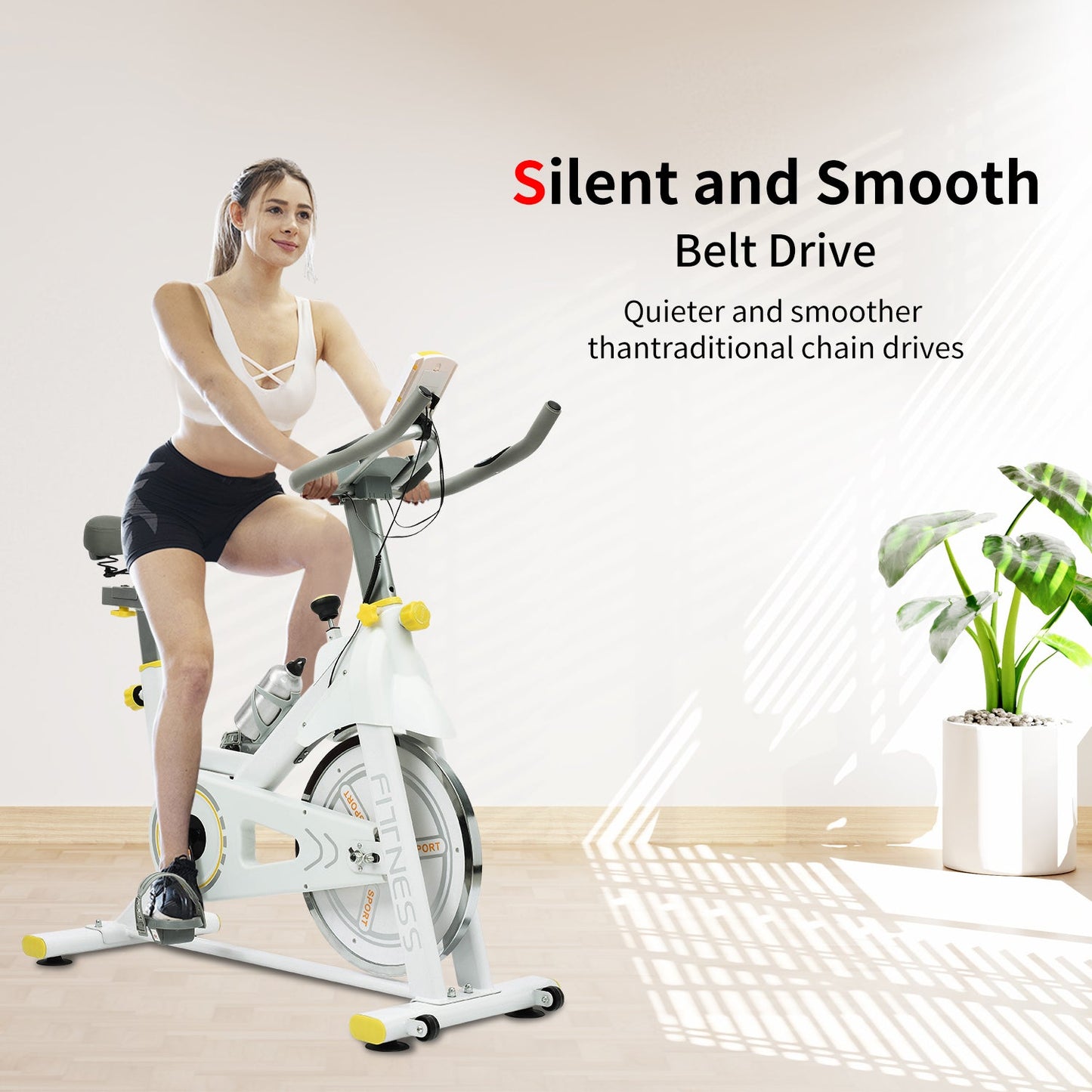 Vélo d'exercice intérieur premium avec coussin confortable - Jaune et blanc