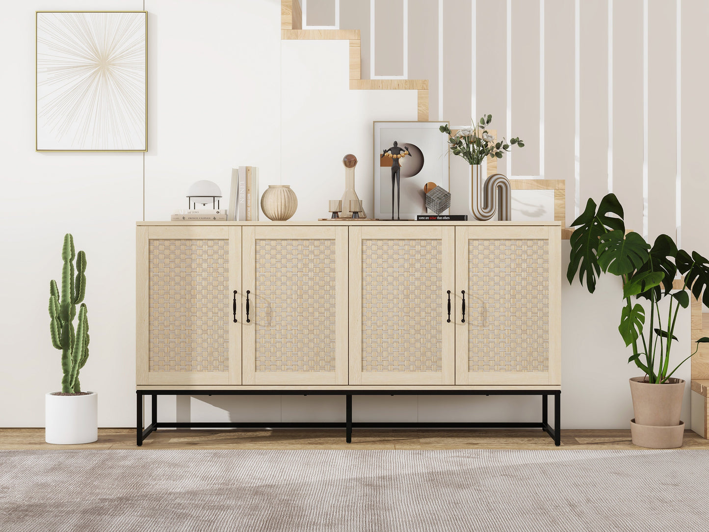 Buffet 4 Portes en Rotin - Cabinet de Rangement Élégant