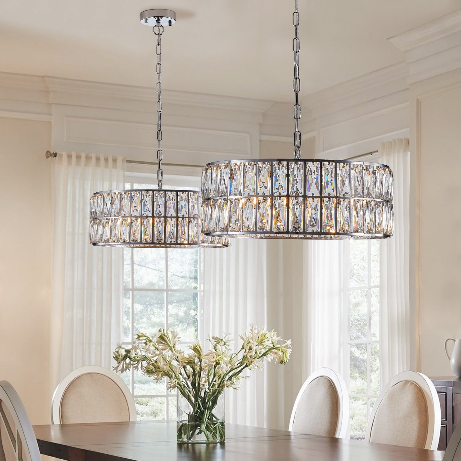 Modern crystal drum pendant light, 6-light pendant light, with silver metal frame (excluding light bulb) - Korvel