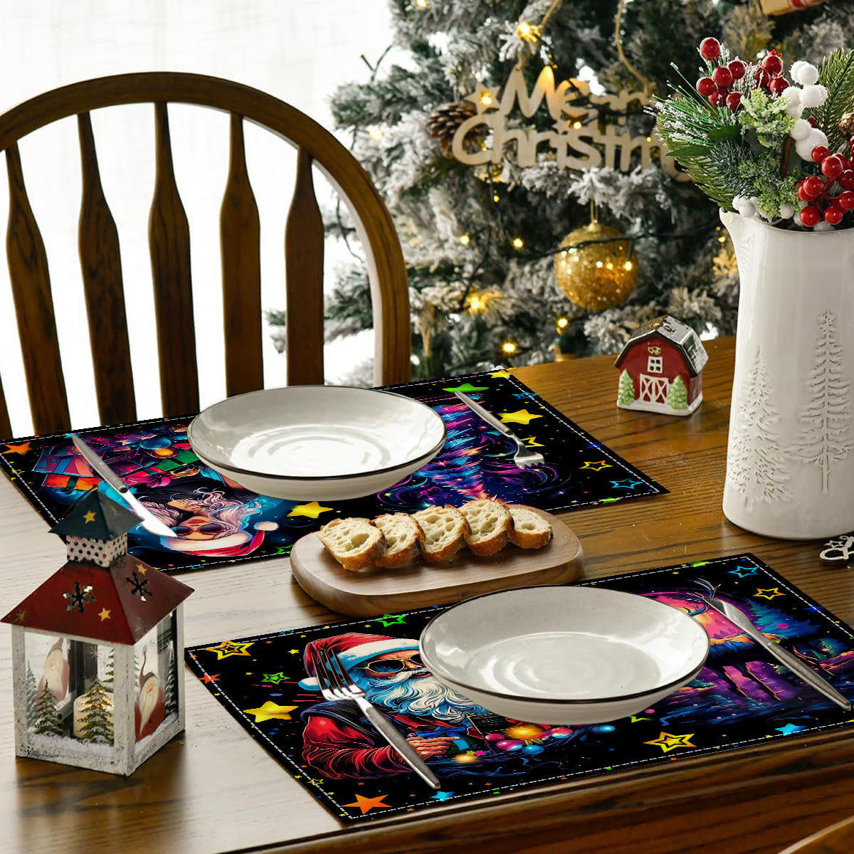 Christmas table mat with white linen starry sky and Santa Claus print - Korvel