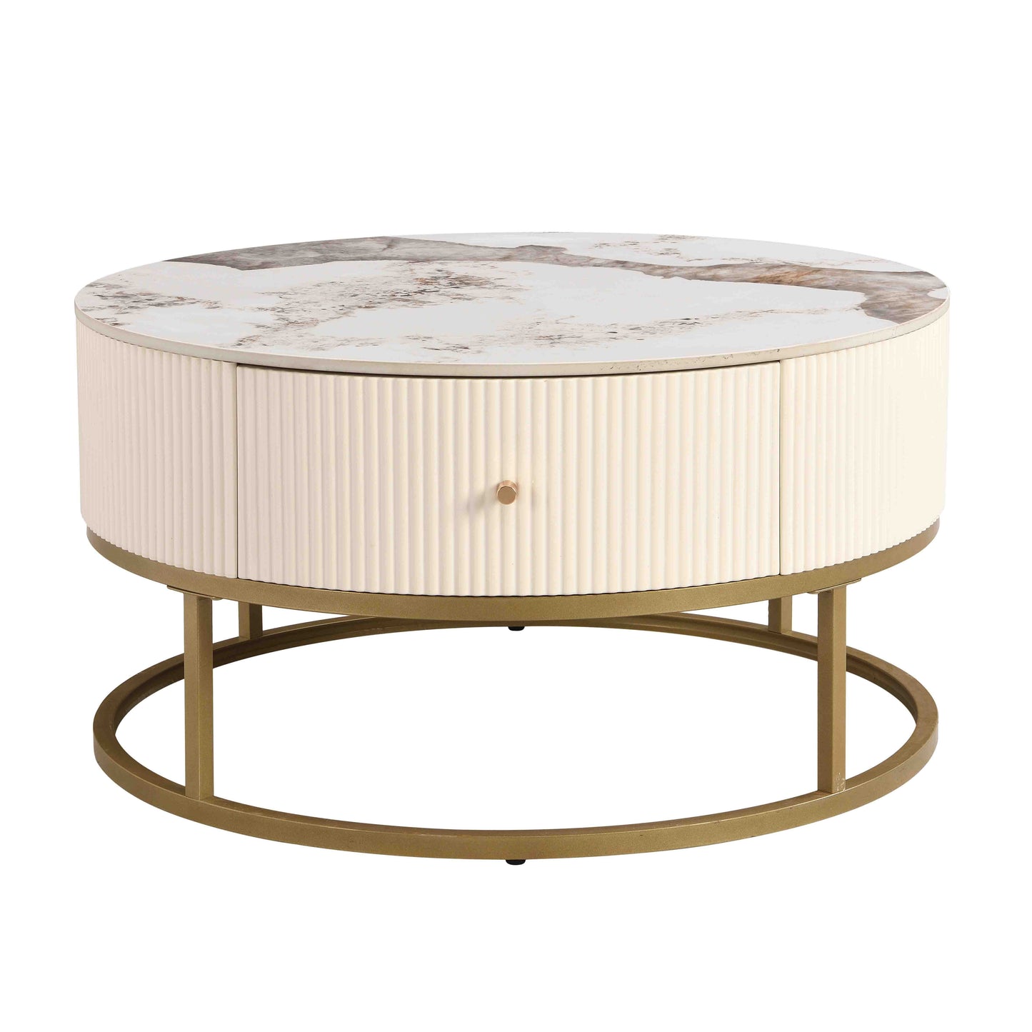 31.5 Inch Modern Round Coffee Table with Drawers, Marble Table with Storage, Coffee Table for Living Room - Korvel