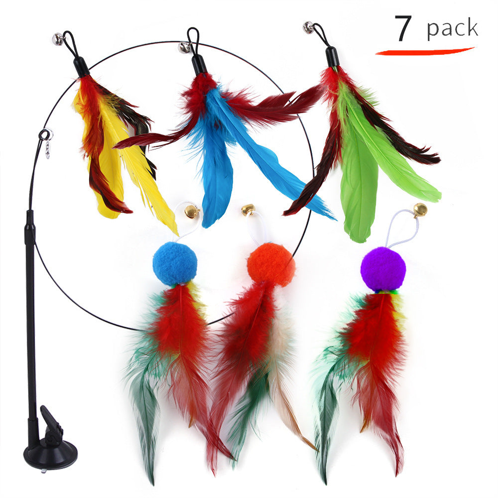 Suction cup cat toy stick that can be attached and held with steel wire multi head interchangeable cat toy and pet supplies - Korvel