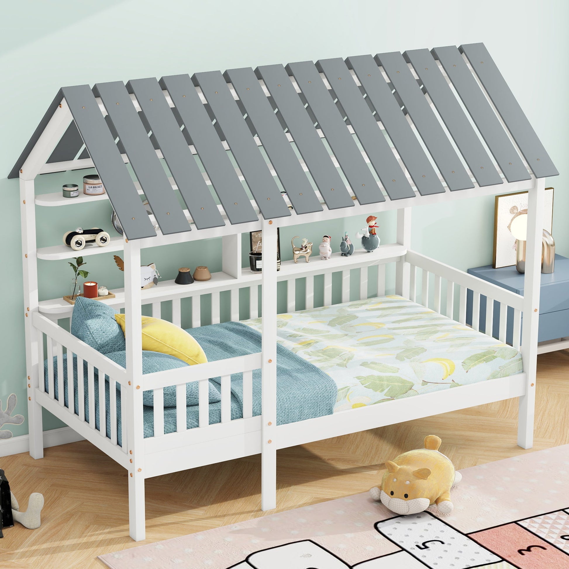 Wood Twin Size House Bed with Roof, Guardrail and Shelves, White - Korvel