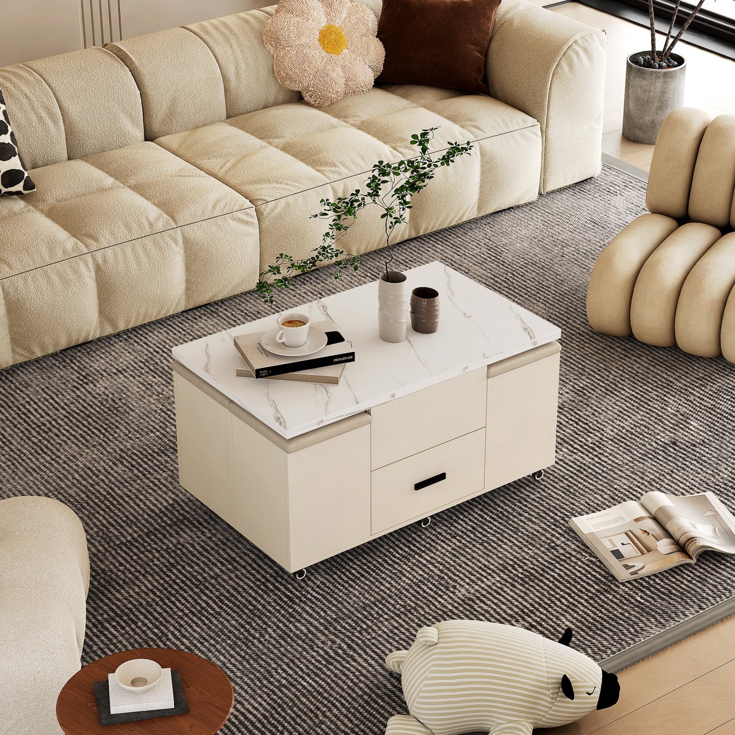 Modern Lift-Up Coffee Table with Storage and Stools