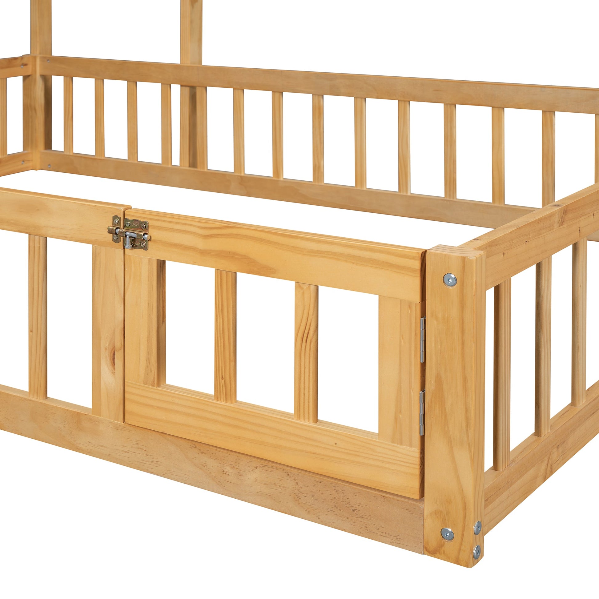Wooden Full Size Children's Bed with Detachable Headboard and Integrated Clothes Drying Rack, Natural - Korvel