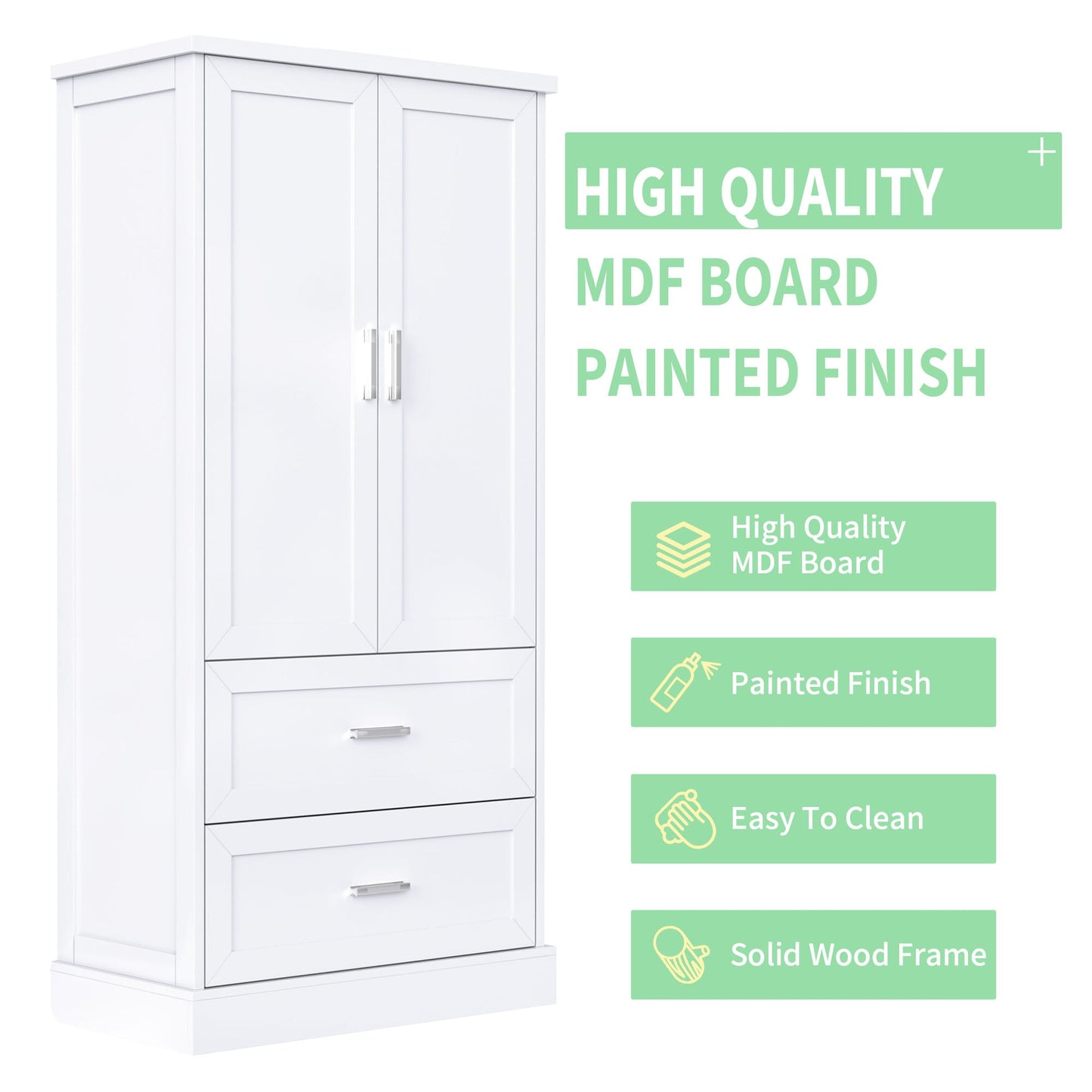 Tall Bathroom Storage Cabinet, Cabinet with Two Doors and Drawers, Adjustable Shelf, MDF Board, White - Korvel
