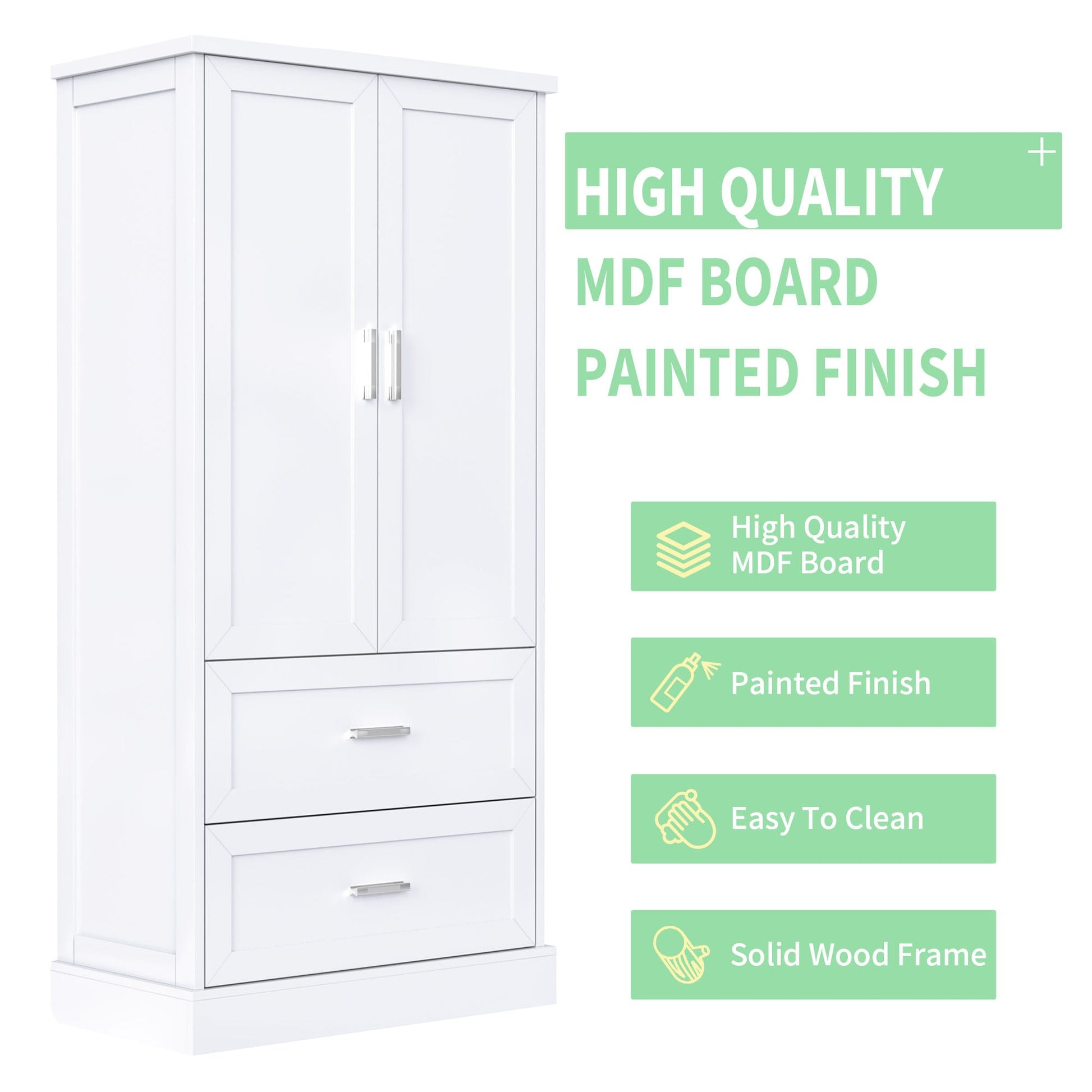 Tall Bathroom Storage Cabinet, Cabinet with Two Doors and Drawers, Adjustable Shelf, MDF Board, White - Korvel