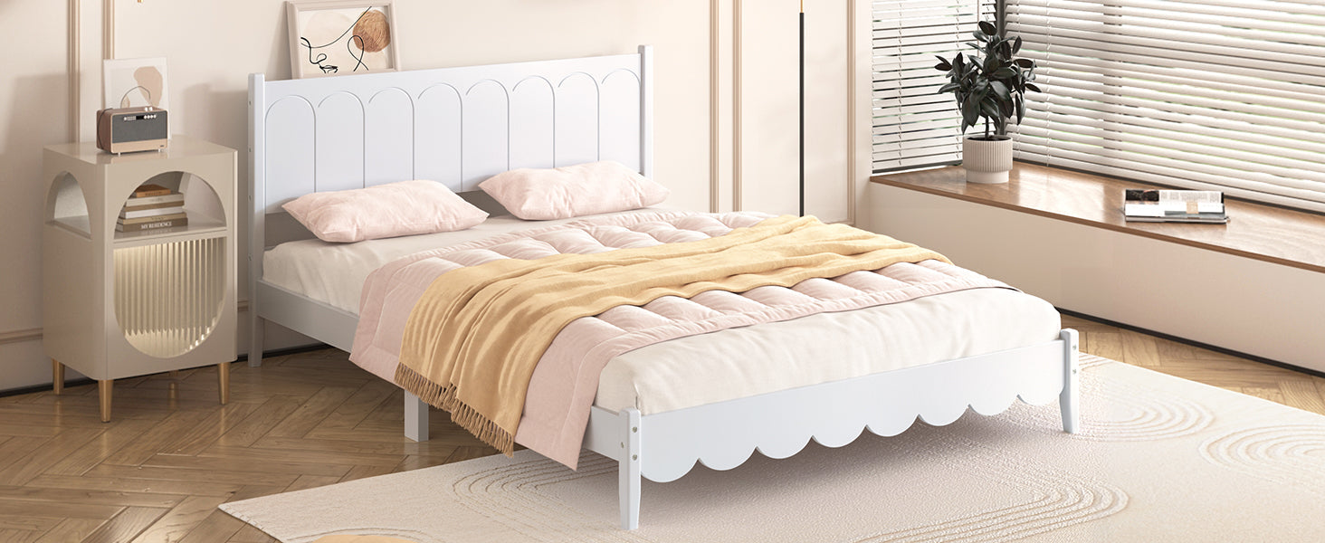 Queen Size Wood Platform Bed Frame, Retro Style Bed with Rectangular Headboard,No Need Box Spring,White - Korvel