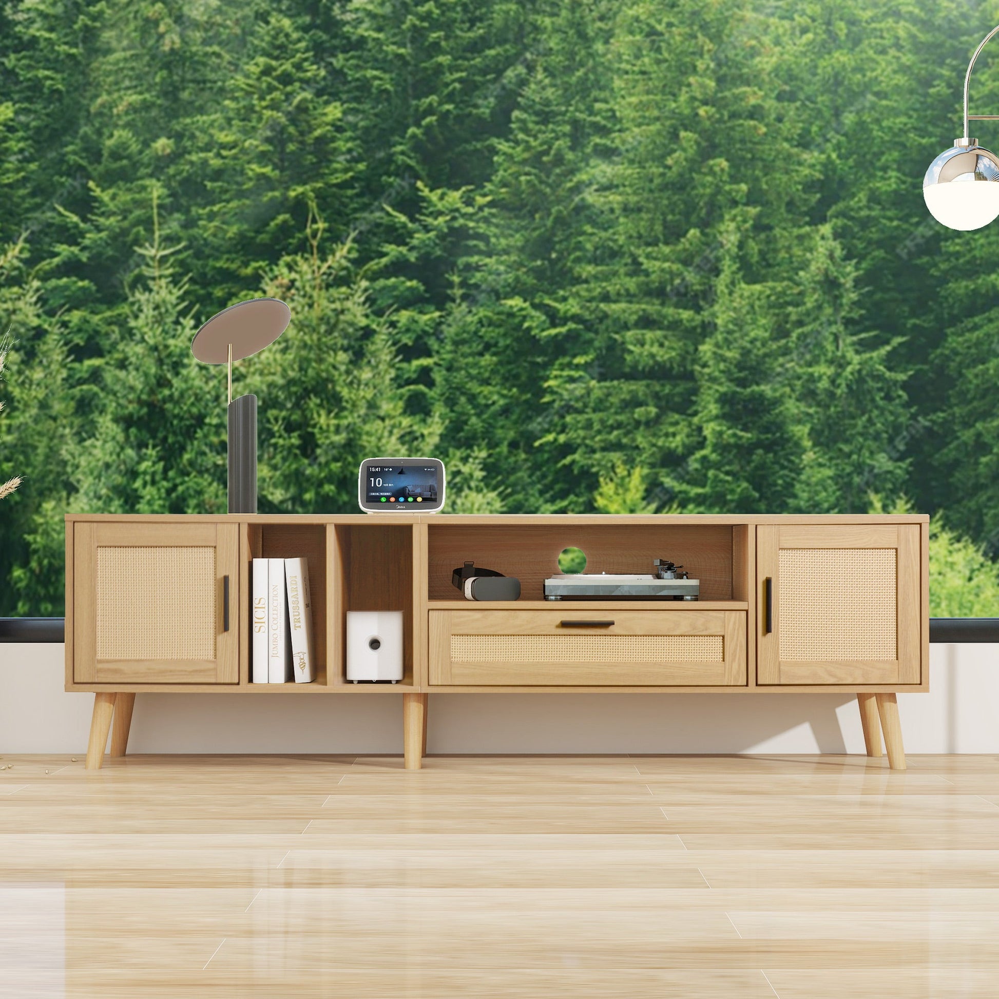Vine TV stand with 2 cabinets and 2 open shelves, suitable for TVs under 80 inches, with solid wood legs for TV cabinets - Korvel