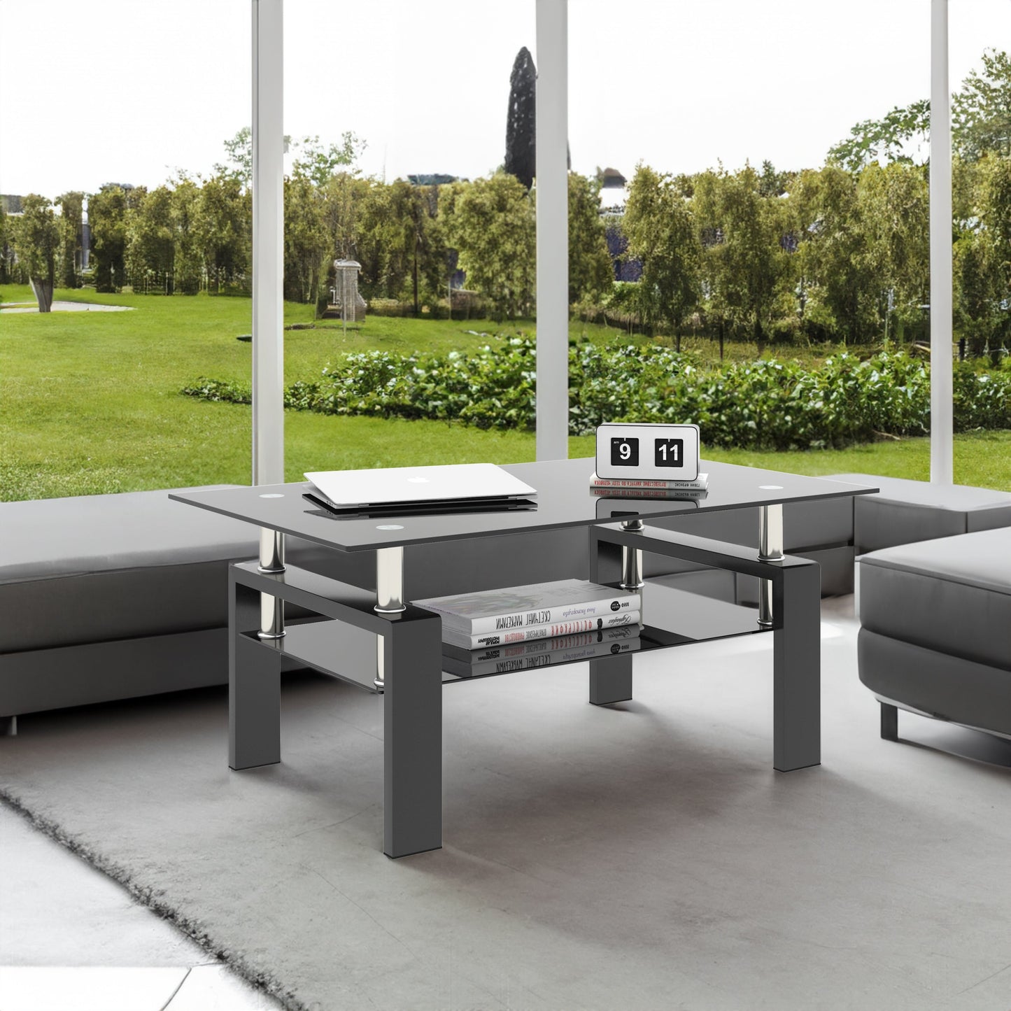 Set of 2, Modern Tempered Glass Tea Table Coffee Table End Table, Square Table for Living Room, Black - Korvel