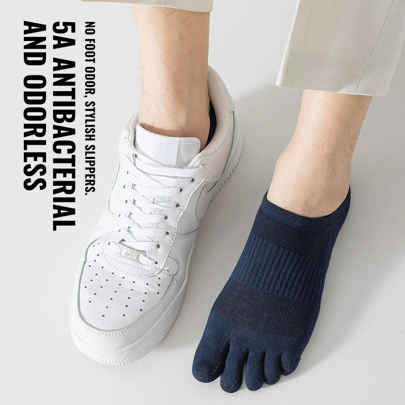 1 pair Pure Cotton Five Finger Short Socks Men Sweat Absorbent Antibacterial Breathable Mesh Boat Socks Running Sports Toe Sock - Korvel