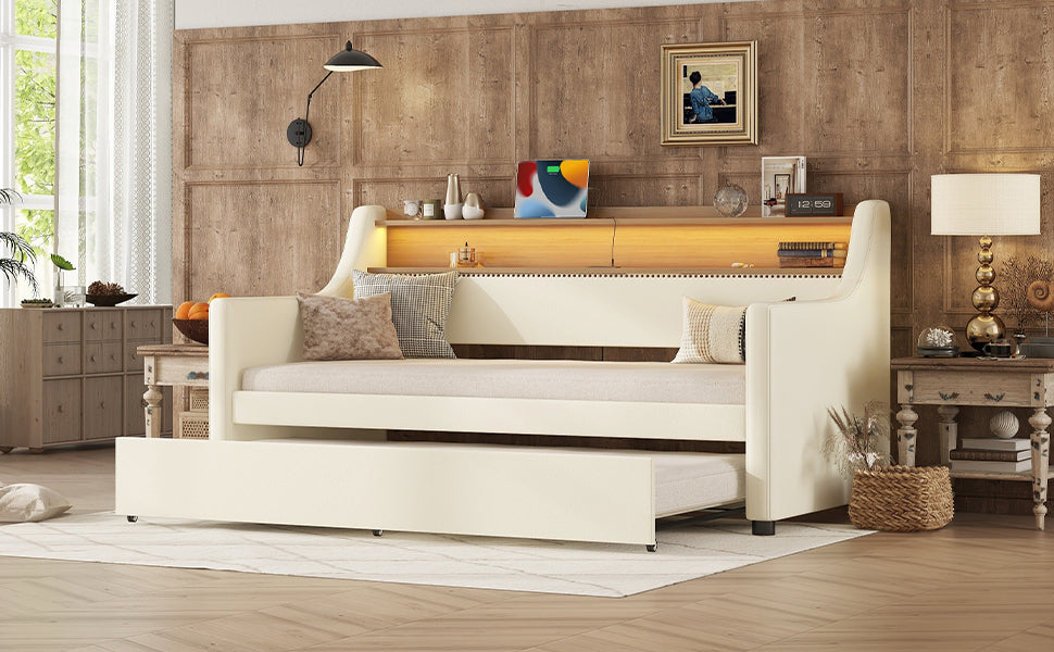 Twin Size Daybed with Trundle, Upholstered Daybed with Charging Station and LED Lights, White - Korvel