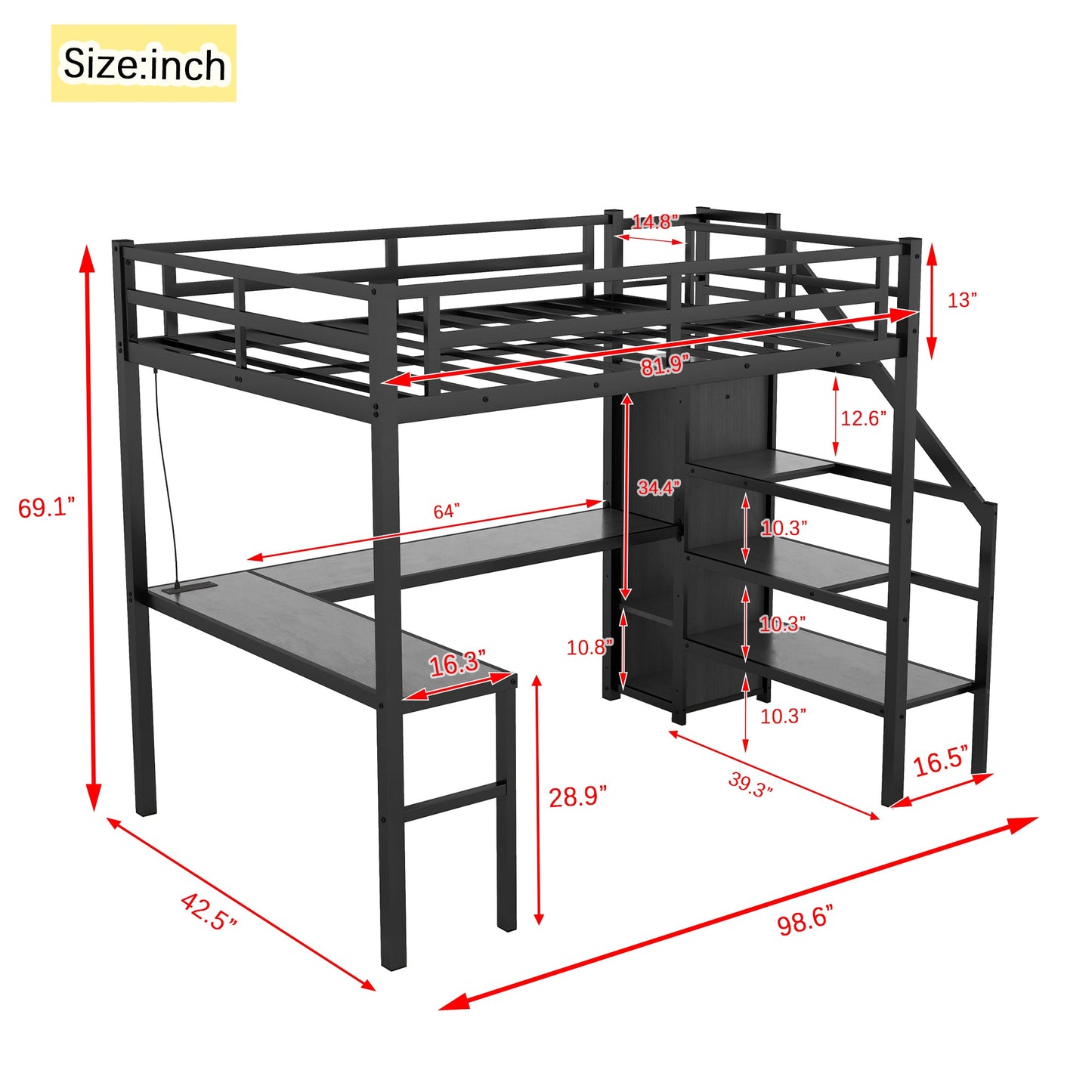 Twin XL Metal Loft Bed with L-shaped Desk and USB