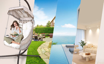 Swing Egg Chair with Stand Indoor Outdoor Wicker Rattan Frame 350lbs Capacity Hammock Chair for Patio Bedroom with Sunshade Clot - Korvel