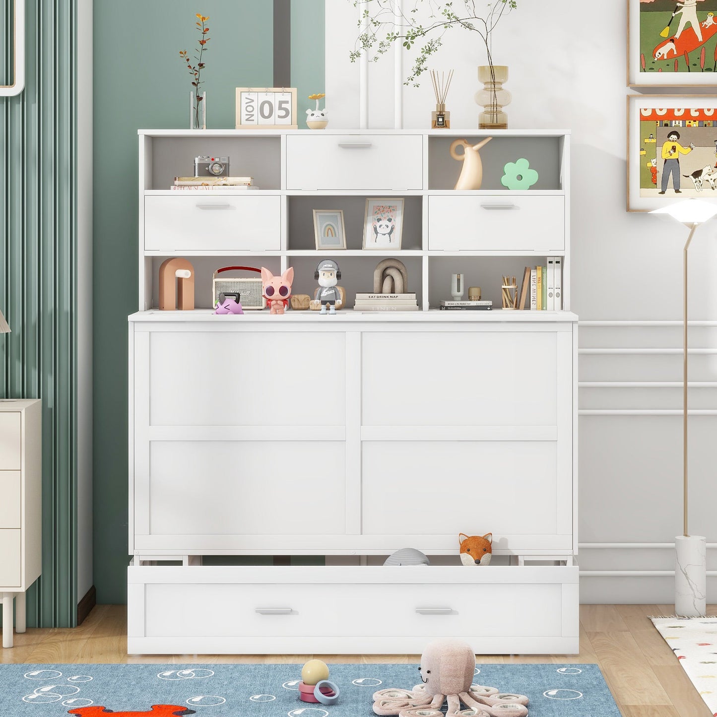 ueen Size Murphy Bed with Bookcase, Bedside Shelves and a Big Drawer, White - Korvel