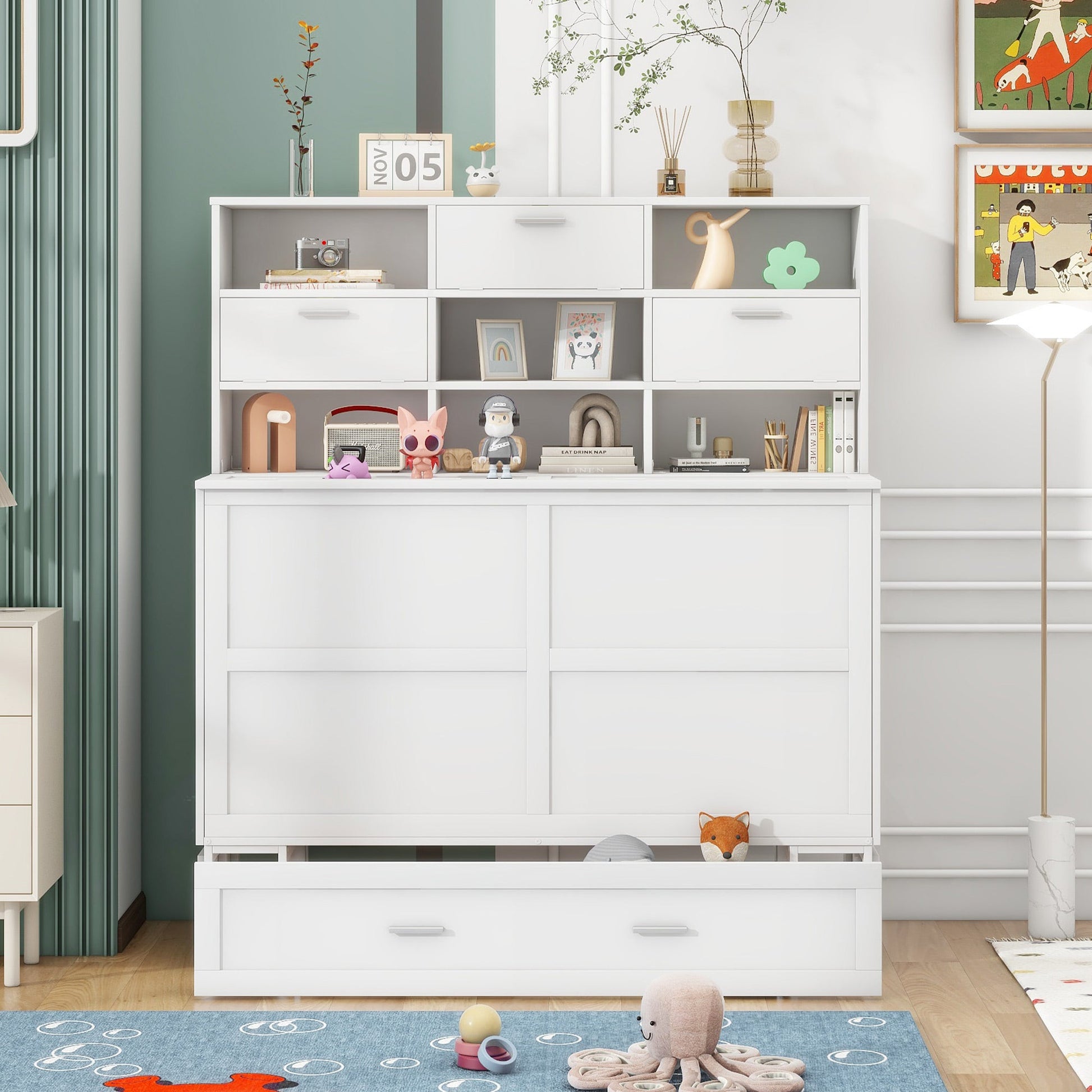 ueen Size Murphy Bed with Bookcase, Bedside Shelves and a Big Drawer, White - Korvel