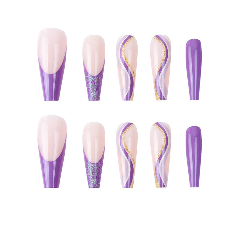 Purple Glitter Wearing Manicure French Geometric Lines Aurora Bright Nail Patches - Korvel