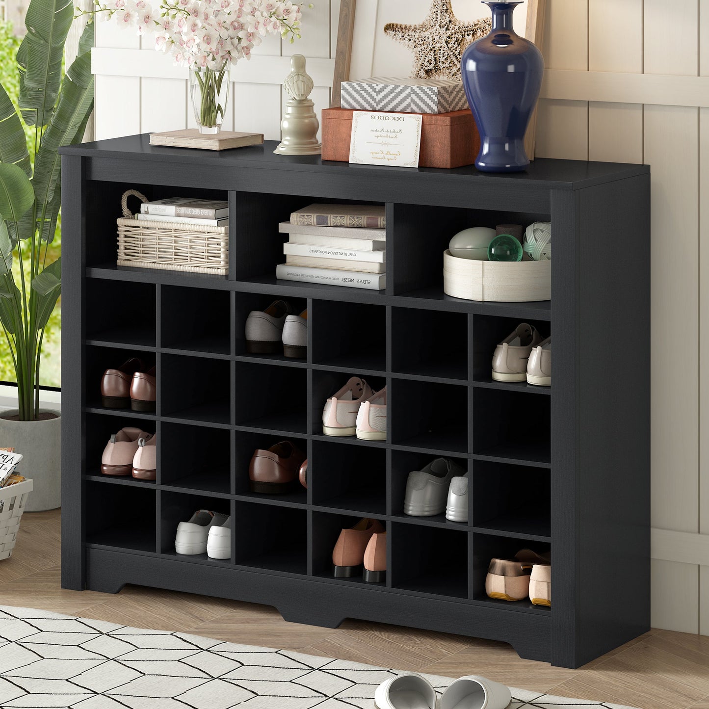 ONTREND Sleek Design 24 Shoe Cabinet - Modern Black Organizer