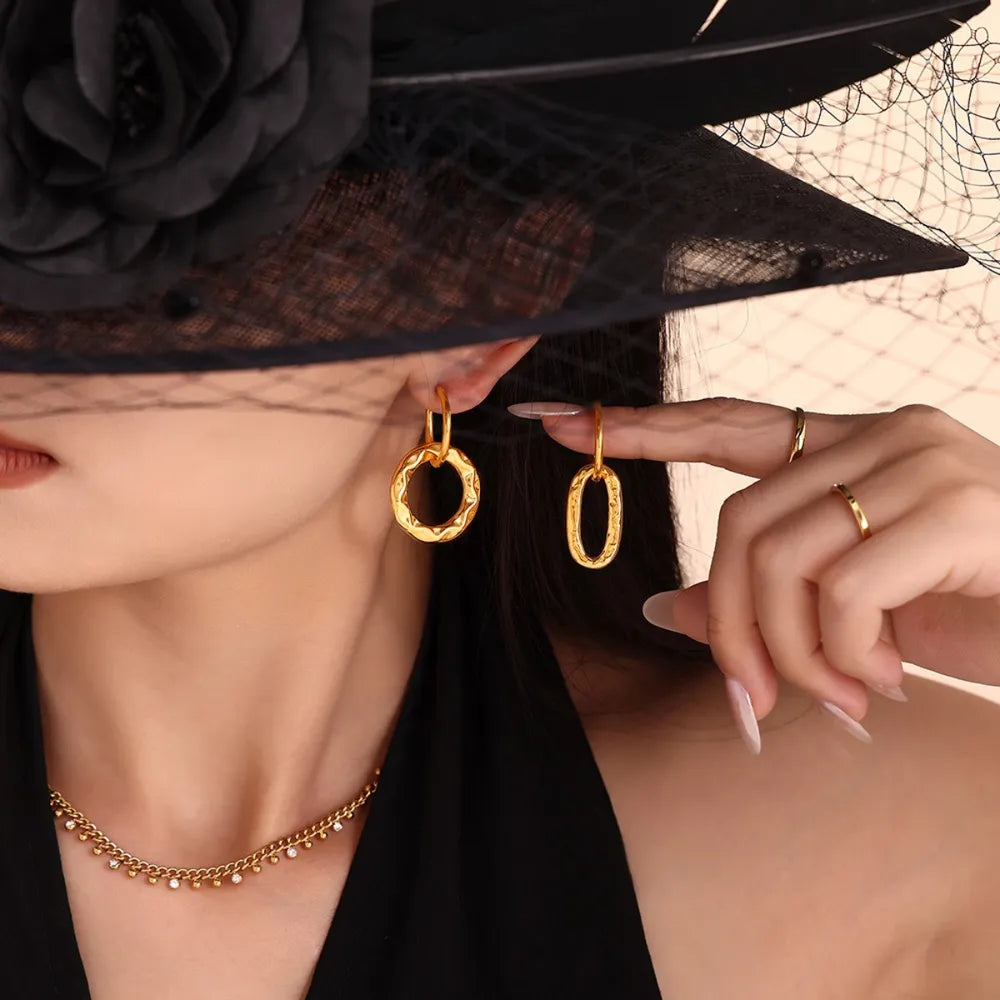 Geometric ring buckle ear ring retro asymmetric design titanium steel ear jewelry - Korvel
