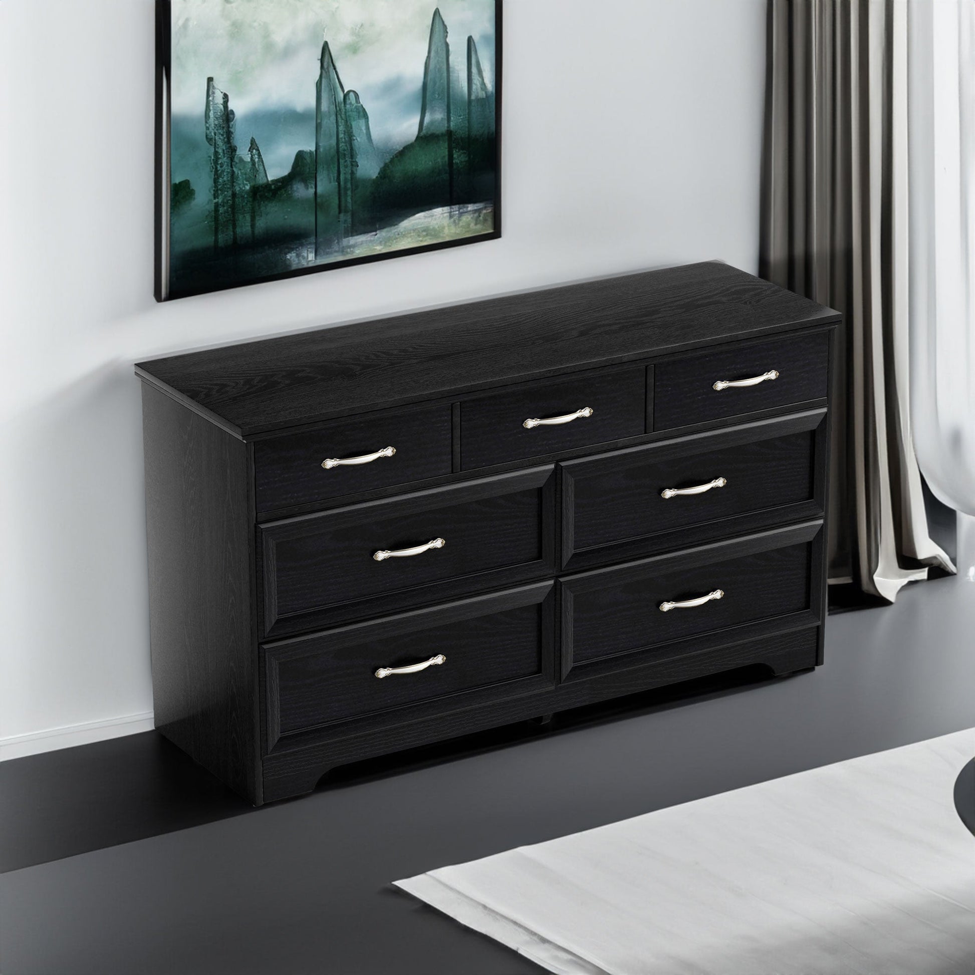 Modern 3 Drawer Bedroom Chest of Drawers with 7 Drawers Dresser, Clothes Organizer -Metal Pulls Black, 47.6″L x 15.7″W x 26.6″H - Korvel