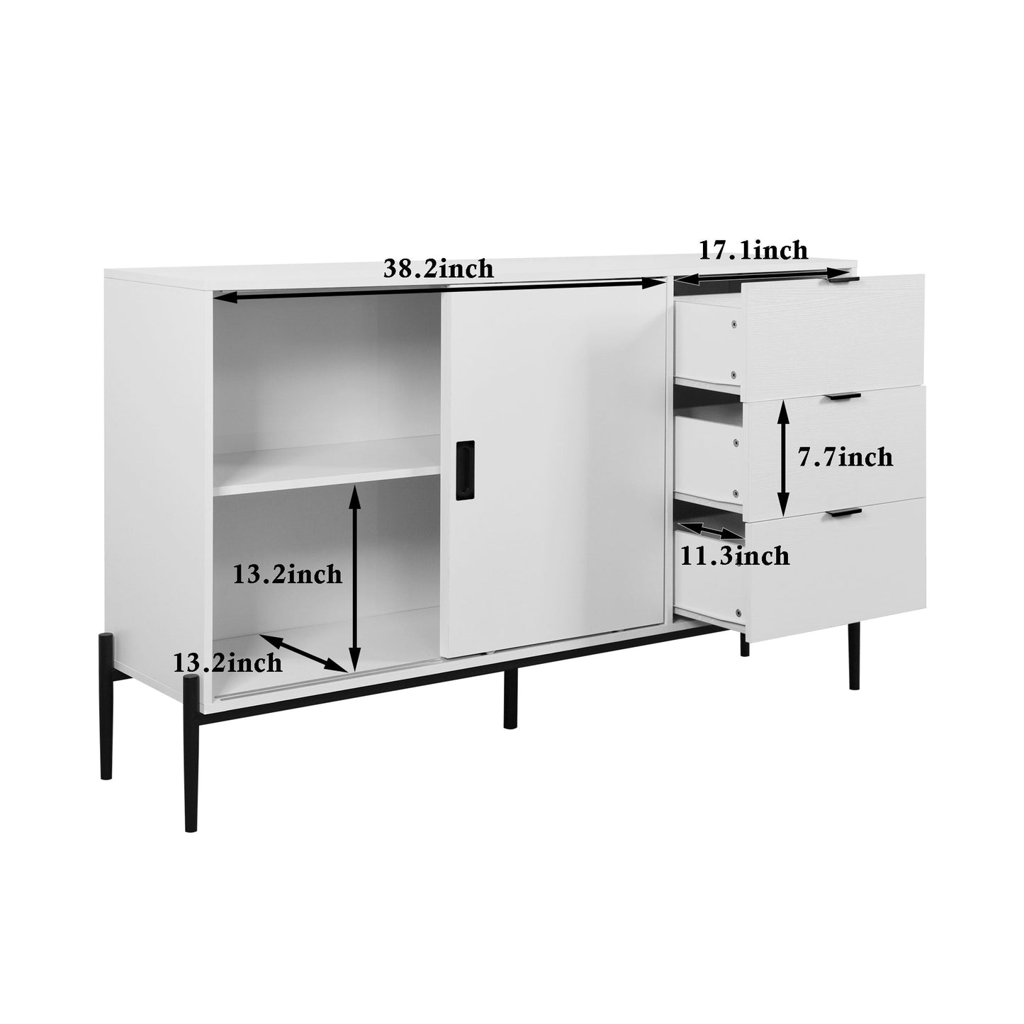 Modern characteristic storage cabinet side panel with glass sliding door and 3 drawers, dining table cabinet in white color - Korvel
